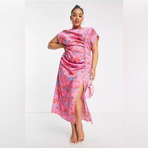 Curve Ruched Side Button Cap Sleeve Satin Maxi Dress in Pink Based Floral Print